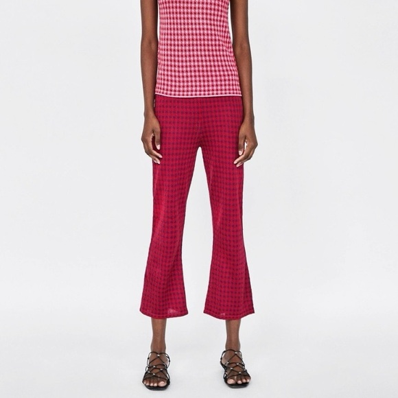 NEW Zara knit houndstooth print cropped flare pant red purple - Picture 2 of 8